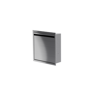 Door niche, 12 × 12 in, brushed stainless steel, door closed, three-quarter view on a transparent background