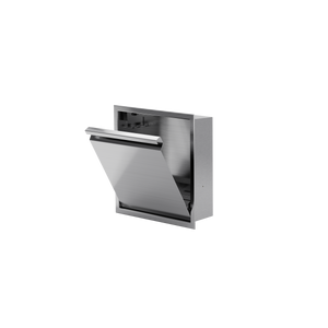 Door niche, 12 × 12 in, brushed stainless steel, tilt-down door open, three-quarter view on a transparent background