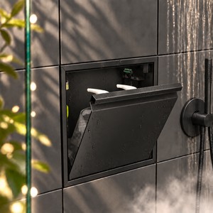 Door niche, 12 × 12 in, matte black, tilt-down door open: toiletries stored inside