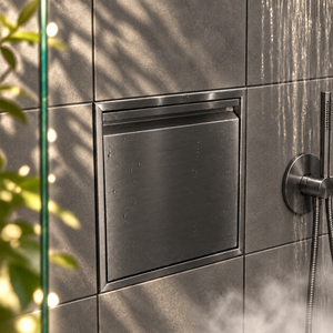 Door niche, 12 × 12 in, black PVD, door closed, recessed in a bathroom wall