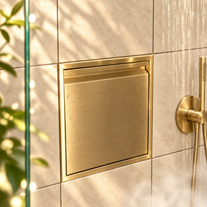 Door niche, 12 × 12 in, gold PVD, door closed, recessed in a bathroom wall