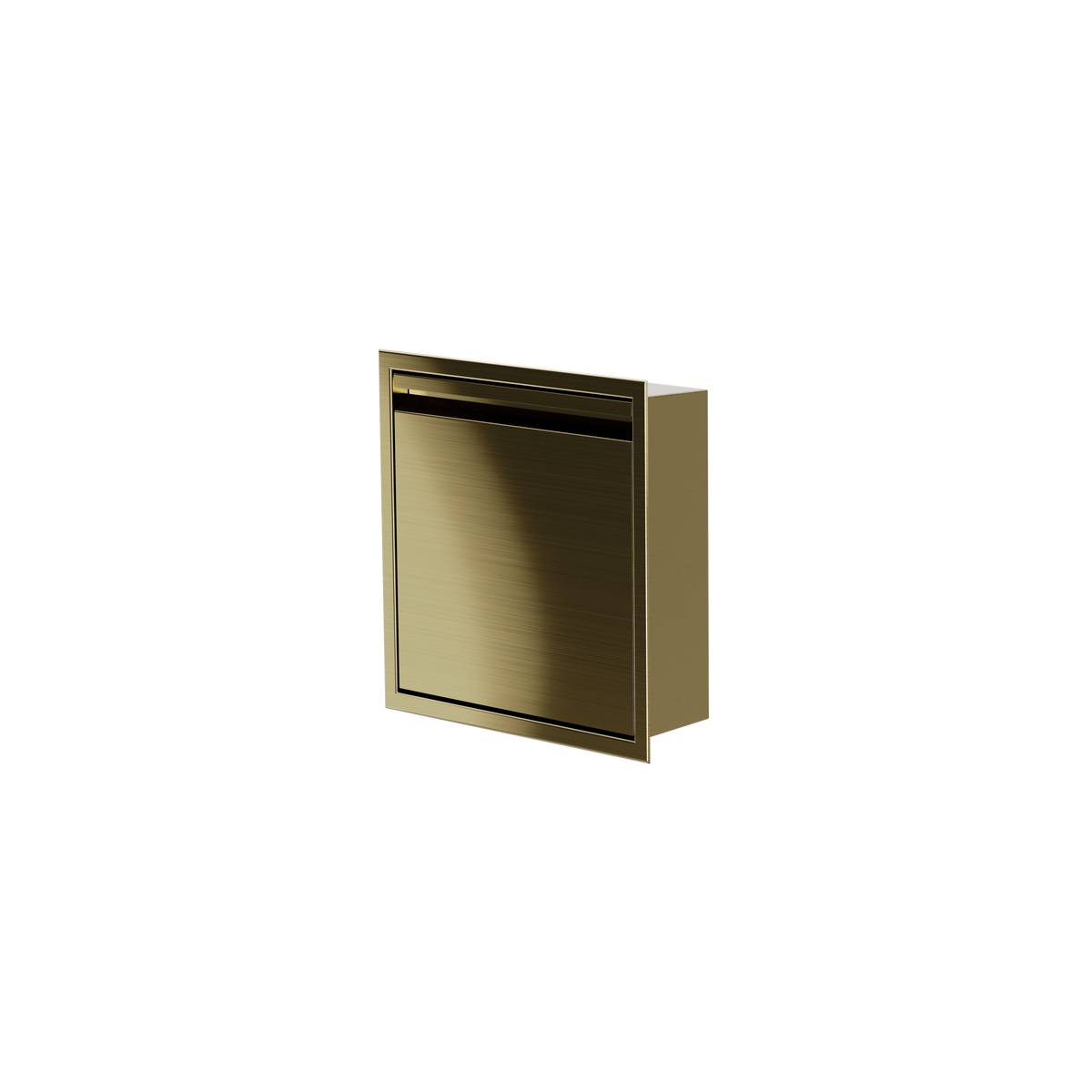 Door niche, 12 × 12 in, gold PVD, door closed, three-quarter view on a transparent background