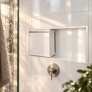 Door niche, 12 × 24 in, glossy white, empty open compartment and closed door, in a shower wall