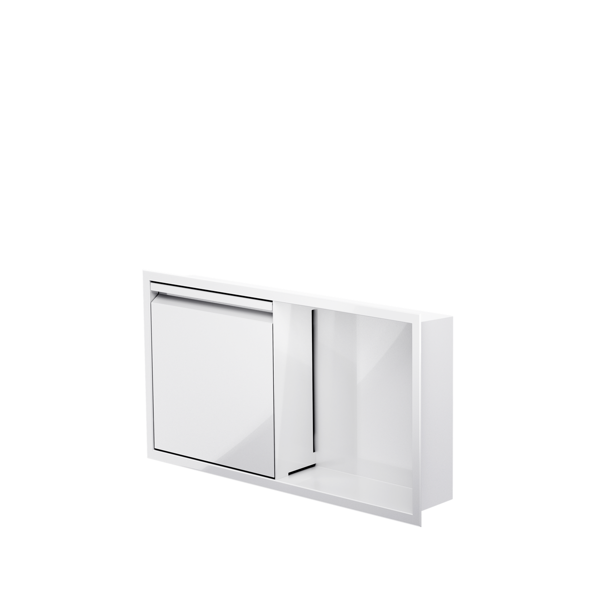 Door niche, 12 × 24 in, glossy white, door closed, three-quarter view on a transparent background