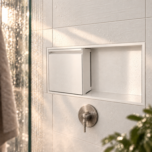 Door niche, 12 × 24 in, matte white, empty open compartment and closed door, in a shower wall