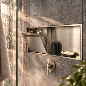 Door niche, 12 × 24 in, brushed stainless steel, tilt-down door open: bottles, soap and accessories stored