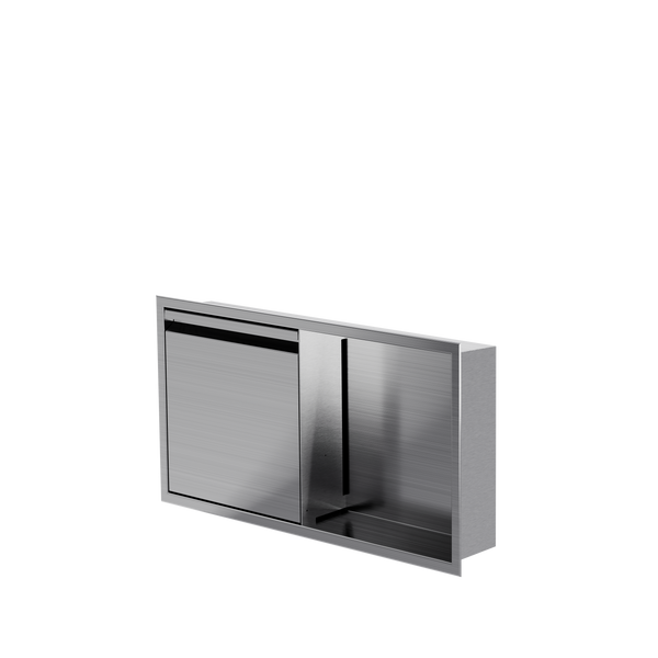 Niche avec porte 12 × 24 po acier inoxydable brossé, porte fermée, de trois quarts sur fond transparent