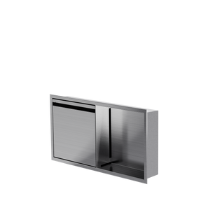 Door niche, 12 × 24 in, brushed stainless steel, door closed, three-quarter view on a transparent background