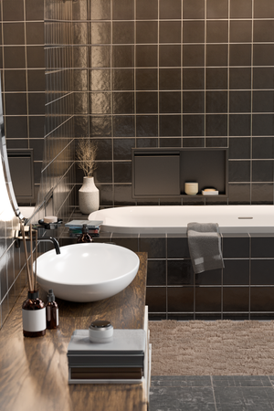Bathroom with dark tile: matte black door niche, 12 × 24 in, above the bathtub, white vessel sink in the foreground