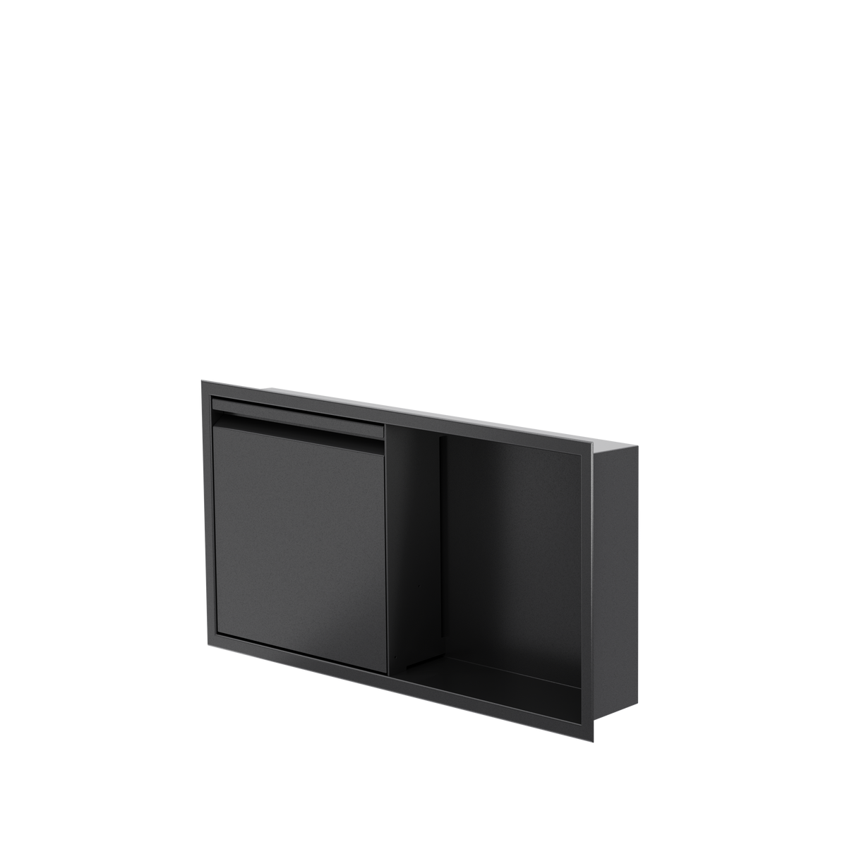 Door niche, 12 × 24 in, matte black, door closed, three-quarter view on a transparent background