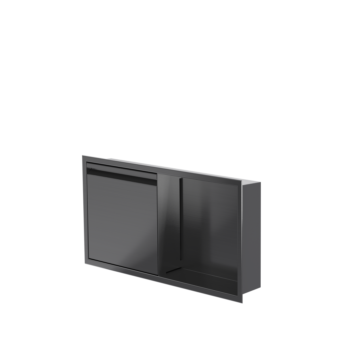 Door niche, 12 × 24 in, black PVD, door closed, three-quarter view on a transparent background