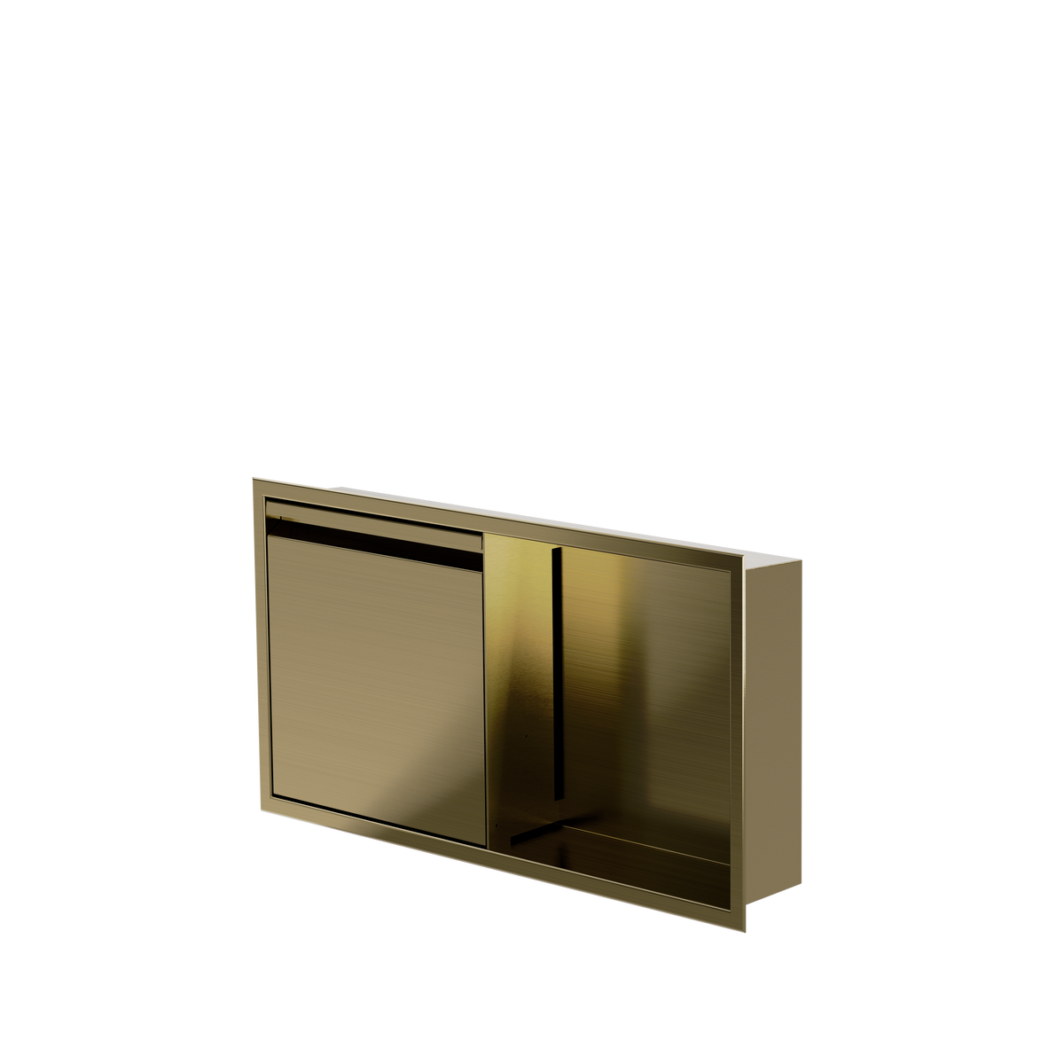 Door niche, 12 × 24 in, gold PVD, door closed, three-quarter view on a transparent background