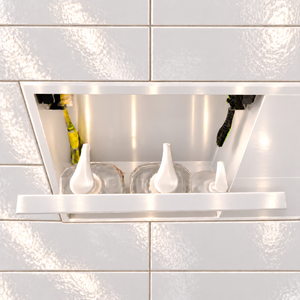Inside view of the door niche, 12 × 48 in, glossy white, door open: bottles stored in the compartment