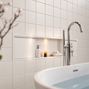 Door niche, 12 × 48 in, matte white, door closed, recessed in a bathroom wall