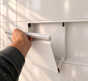 A hand lifts the removable door off the door niche, 12 × 48 in, matte white