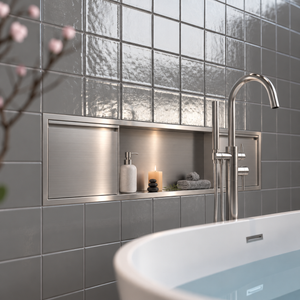 Door niche, 12 × 48 in, brushed stainless steel, door closed, recessed in a bathroom wall
