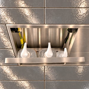 Inside view of the door niche, 12 × 48 in, brushed stainless steel, door open: bottles stored in the compartment