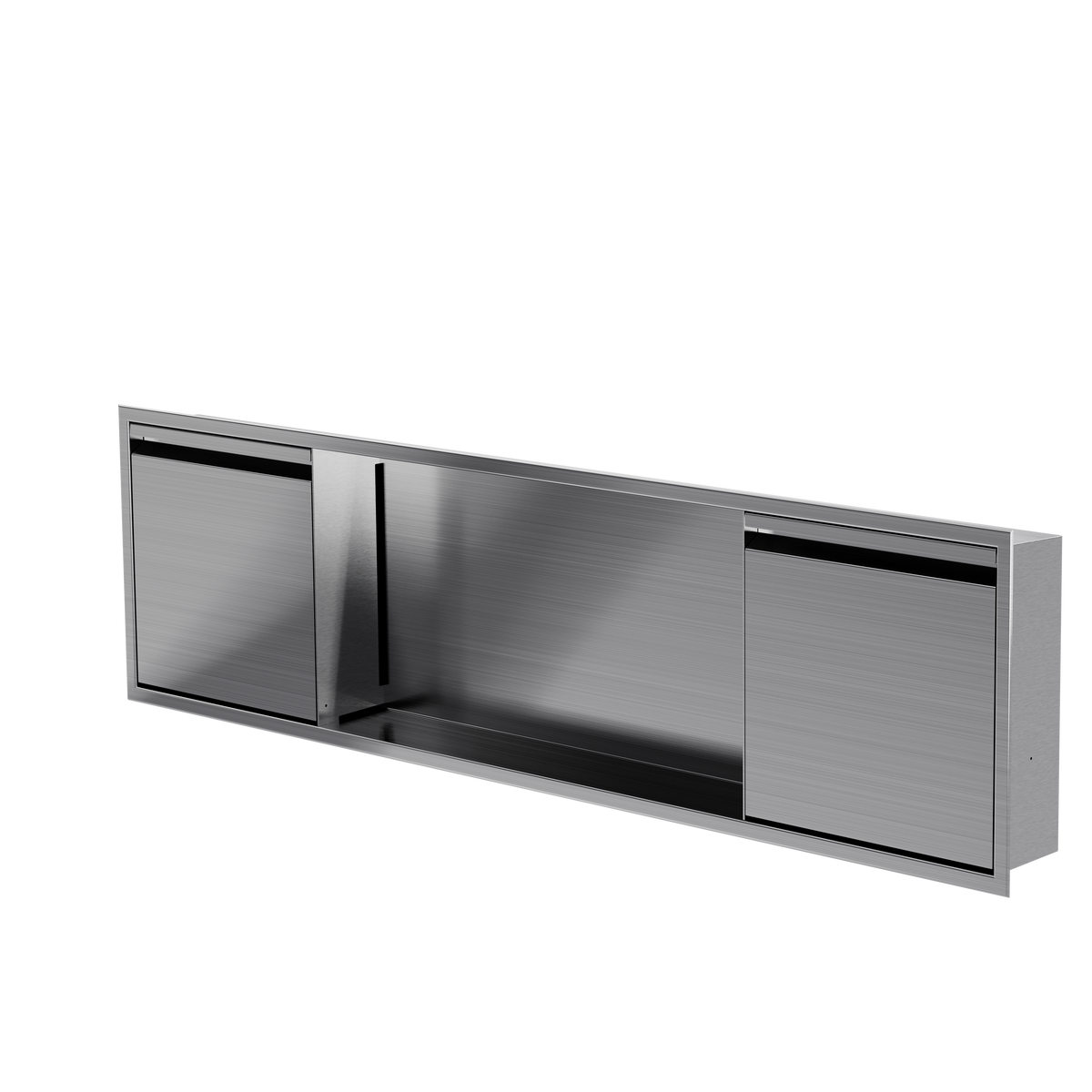 Door niche, 12 × 48 in, brushed stainless steel, door closed, three-quarter view on a transparent background