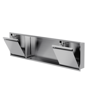 Door niche, 12 × 48 in, brushed stainless steel, tilt-down door open, three-quarter view on a transparent background
