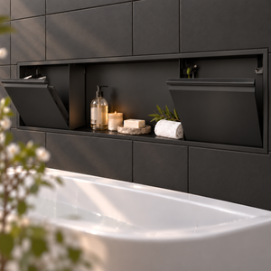 Door niche, 12 × 48 in, matte black, tilt-down door open: toiletries stored inside