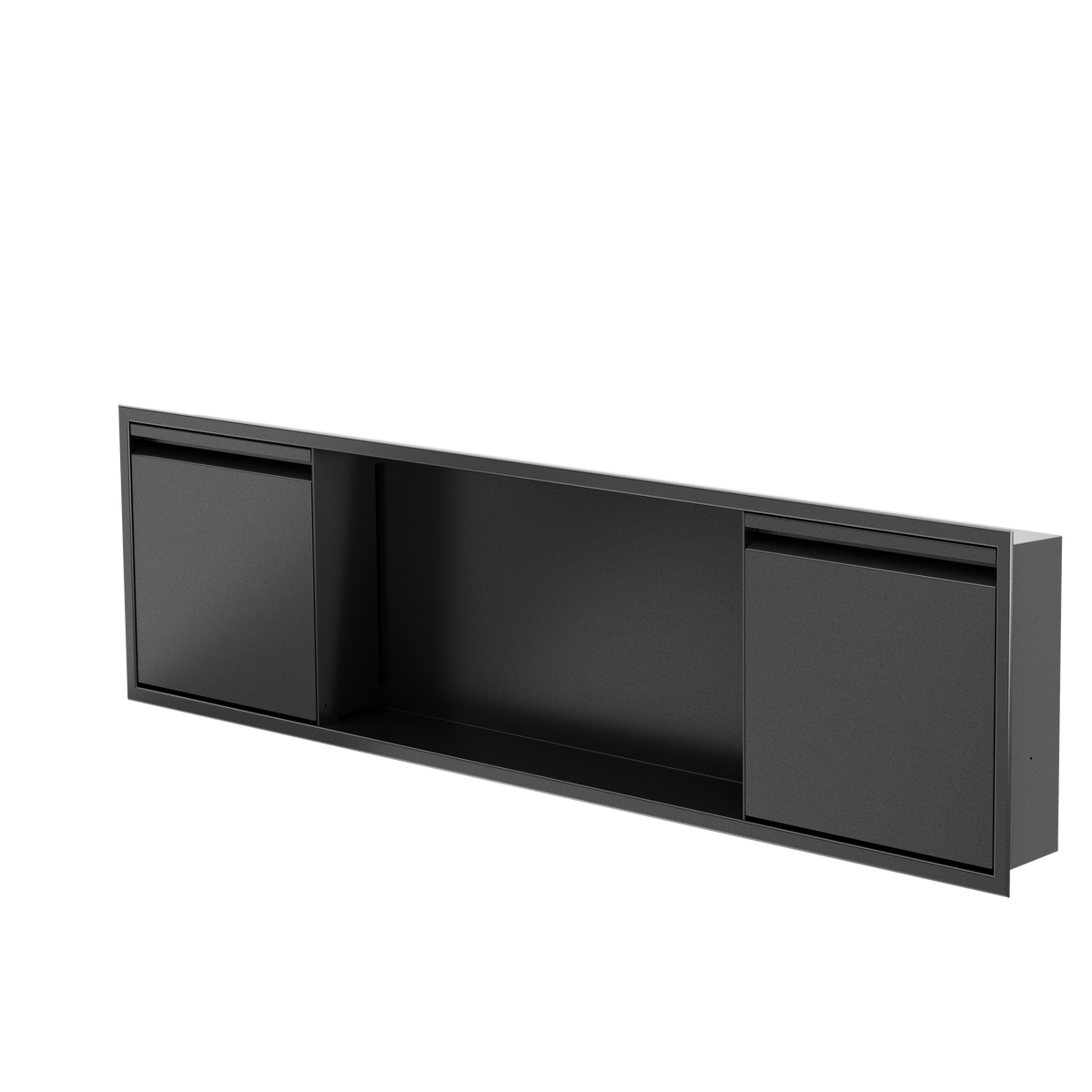 Door niche, 12 × 48 in, matte black, door closed, three-quarter view on a transparent background