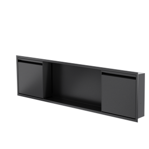 Door niche, 12 × 48 in, matte black, door closed, three-quarter view on a transparent background