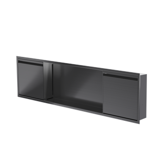 Door niche, 12 × 48 in, black PVD, door closed, three-quarter view on a transparent background