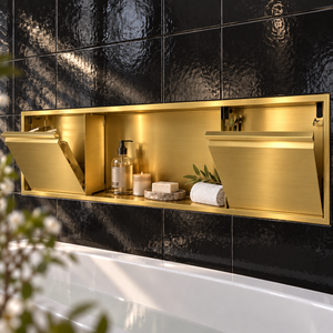 Door niche, 12 × 48 in, gold PVD, tilt-down door open: toiletries stored inside