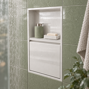 Door niche, 24 × 12 in, glossy white, door closed, recessed in a bathroom wall