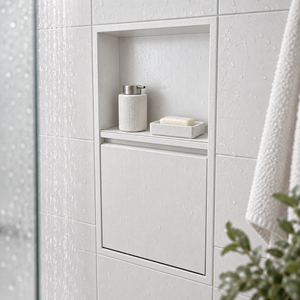 Door niche, 24 × 12 in, matte white, door closed, recessed in a bathroom wall