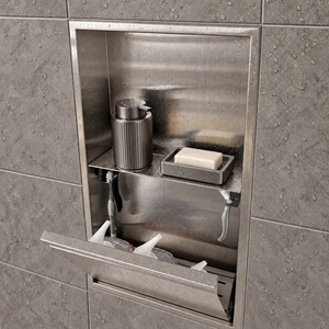 Door niche, 24 × 12 in, brushed stainless steel, tilt-down door open: toiletries stored inside