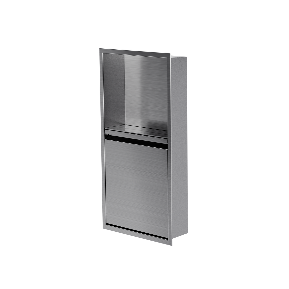 Door niche, 24 × 12 in, brushed stainless steel, door closed, three-quarter view on a transparent background