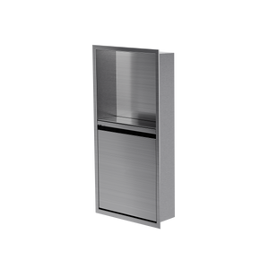 Door niche, 24 × 12 in, brushed stainless steel, door closed, three-quarter view on a transparent background
