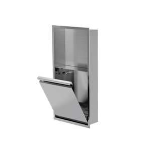 Door niche, 24 × 12 in, brushed stainless steel, tilt-down door open, three-quarter view on a transparent background