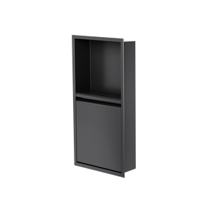 Door niche, 24 × 12 in, matte black, door closed, three-quarter view on a transparent background