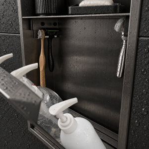 Close-up of the inside of the door niche, 24 × 12 in door, black PVD: hooks holding a razor, a toothbrush and a bottle