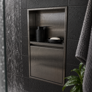 Door niche, 24 × 12 in, black PVD, door closed, recessed in a bathroom wall