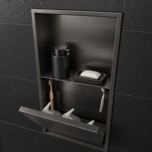 Door niche, 24 × 12 in, black PVD, tilt-down door open: toiletries stored inside