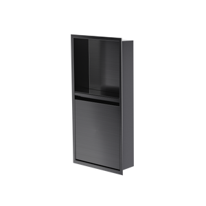 Door niche, 24 × 12 in, black PVD, door closed, three-quarter view on a transparent background