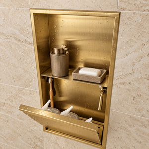 Door niche, 24 × 12 in, gold PVD, tilt-down door open: toiletries stored inside