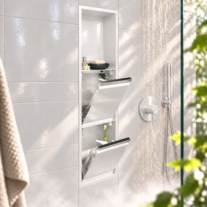 Door niche, 36 × 8 in, glossy white, tilt-down door open: bottles, soap and accessories stored