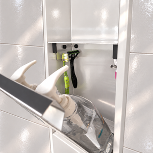 Close-up of the inside of the door niche, 36 × 8 in door, glossy white: hooks holding a razor, a toothbrush and a bottle
