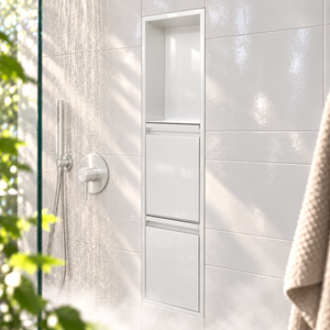 Door niche, 36 × 8 in, glossy white, empty upper compartment and closed lower doors, in a shower wall