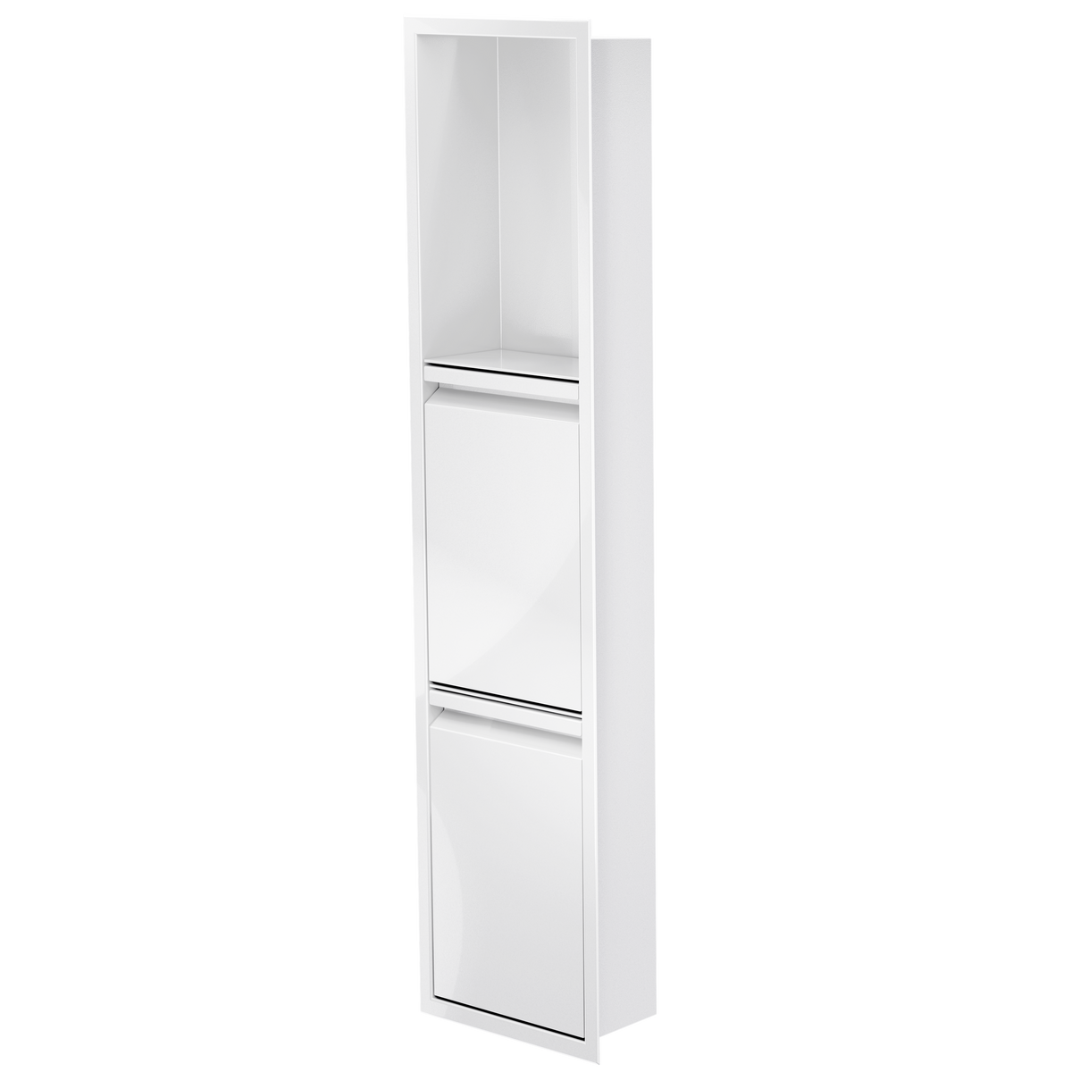 Door niche, 36 × 8 in, glossy white, door closed, three-quarter view on a transparent background