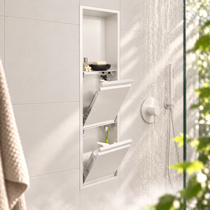 Door niche, 36 × 8 in, matte white, tilt-down door open: bottles, soap and accessories stored