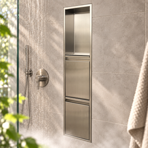 Door niche, 36 × 8 in, brushed stainless steel, empty upper compartment and closed lower doors, in a shower wall