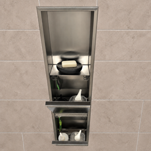 Inside view of the door niche, 36 × 8 in, brushed stainless steel, door open: bottles stored in the compartment