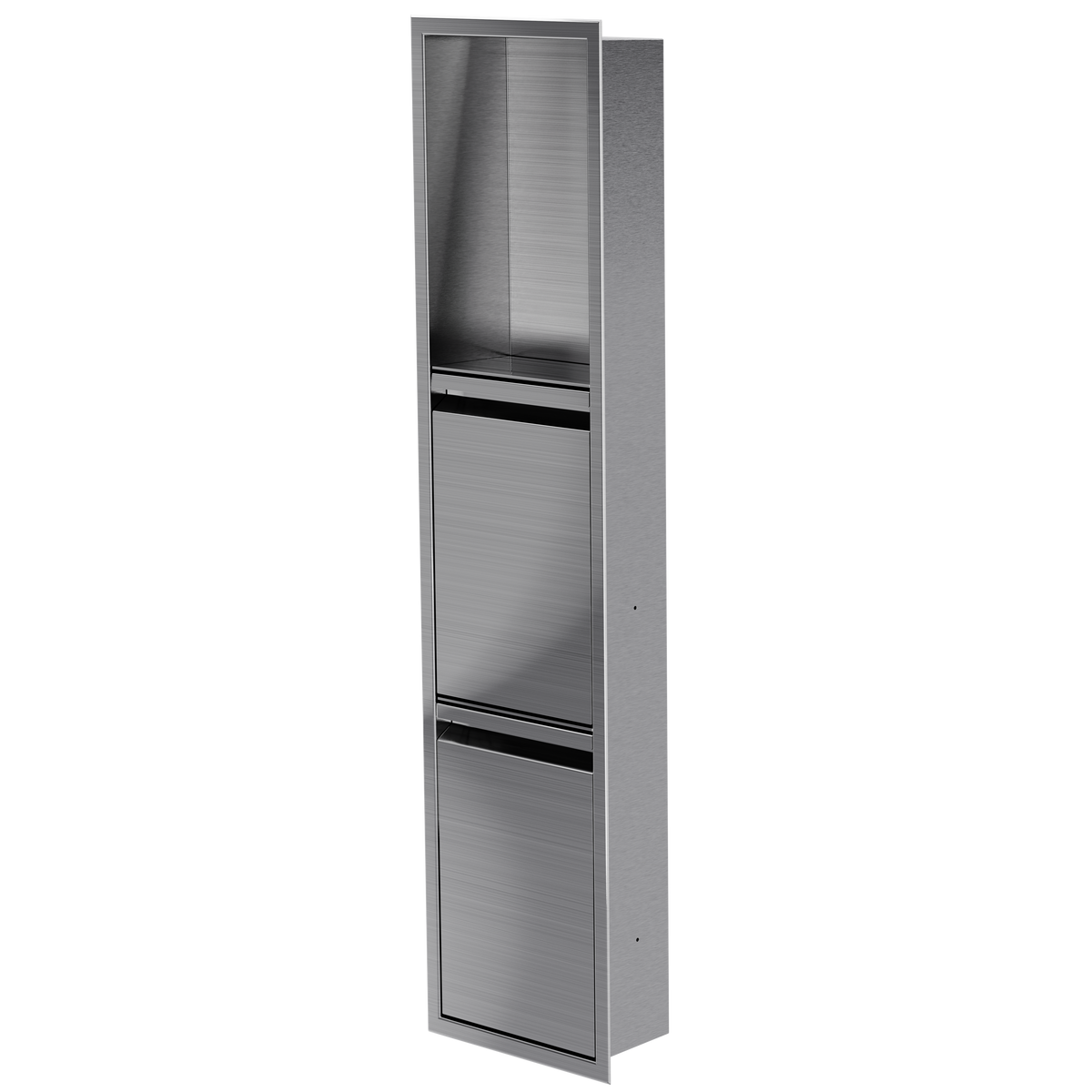 Door niche, 36 × 8 in, brushed stainless steel, door closed, three-quarter view on a transparent background