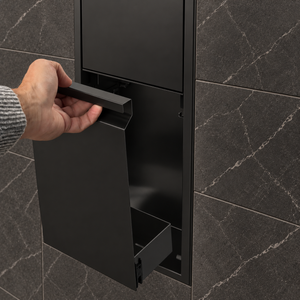 A hand lifts the removable door off the door niche, 36 × 8 in, matte black