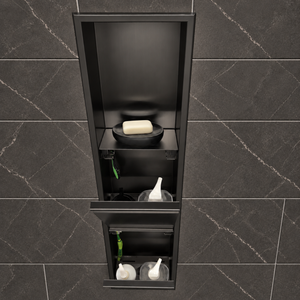 Inside view of the door niche, 36 × 8 in, matte black, door open: bottles stored in the compartment